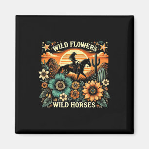 Sunset Cowgirl Rijdend Paard Wilde Bloemen - Wild Magneet