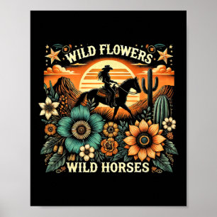 Sunset Cowgirl Rijdend Paard Wilde Bloemen - Wild Poster
