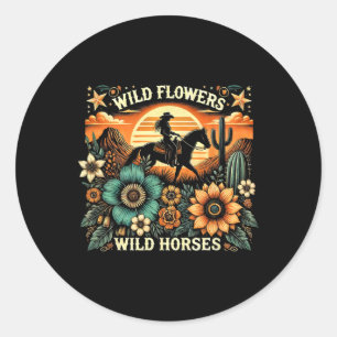 Sunset Cowgirl Rijdend Paard Wilde Bloemen - Wild Ronde Sticker