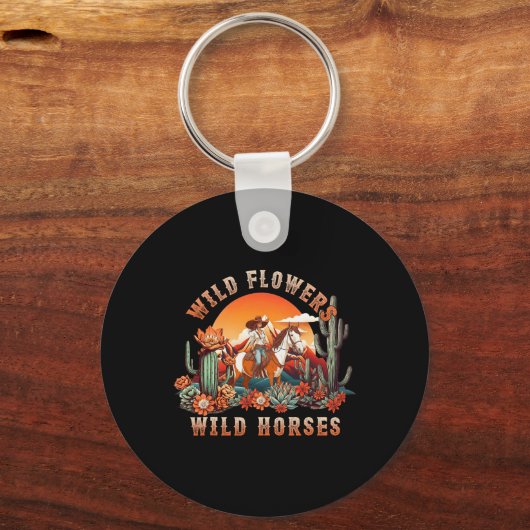 Sunset Cowgirl Rijdend Paard Wilde Bloemen - Wild Sleutelhanger (Voorkant)