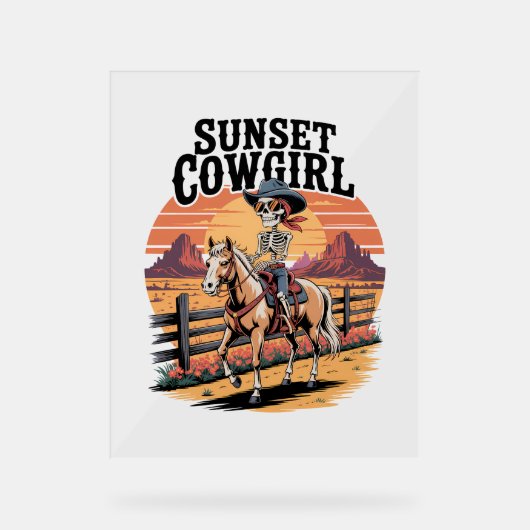 Sunset Cowgirl Skeleton Riding Horse Acryl Bord (Voorkant)