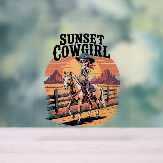 Sunset Cowgirl Skeleton Riding Horse Acryl Bord (Neutraal)