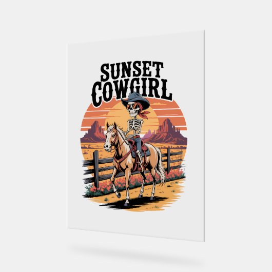 Sunset Cowgirl Skeleton Riding Horse Acryl Bord (Hoek)