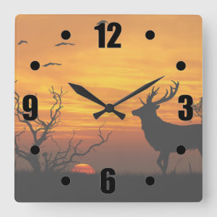 Sunset Deer Silhouette Vierkante Klok