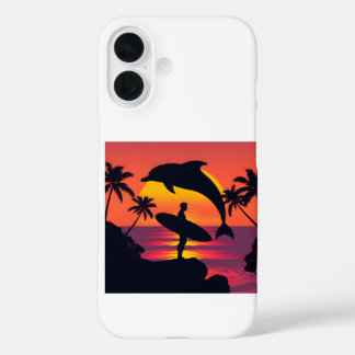 Sunset Dolphin en Surfer Tropical Beach Telefoonau iPhone 16 Hoesje