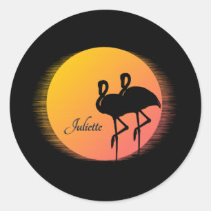 Sunset Flamingo's met persoonlijke naam Ronde Sticker