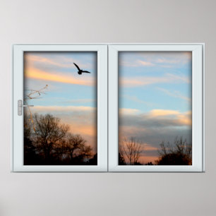 Sunset Flying Bird White 2 Pane Window Lighting Poster