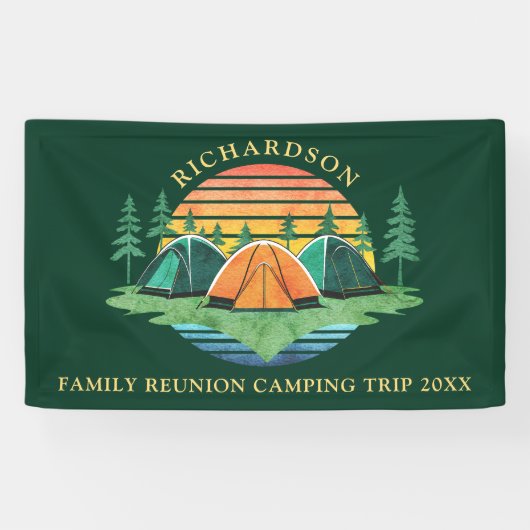 Sunset Forest Camping Groen Aangepaste Familie Reü Spandoek (Horizontaal)