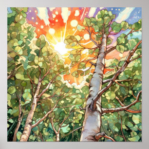 Sunset Forest Waterverf Painting Poster