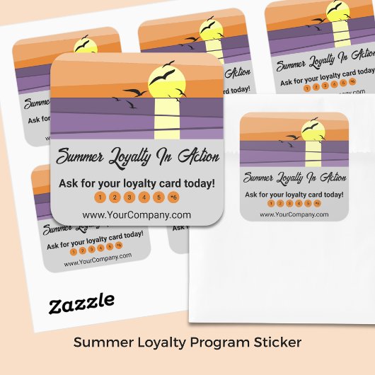 Sunset & Grey Sjabloon – zomerloyaliteitsprogramma Vierkante Sticker