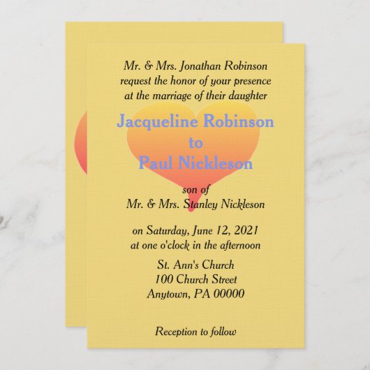 Sunset Heart Mellow Yellow Blue Faire-part de mari (Devant / Derrière)