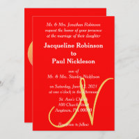 Sunset Heart Red Monogrammed Wedding Invitation