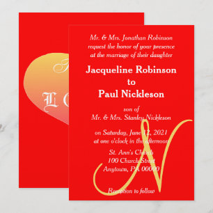 Sunset Heart Red Monogrammed Wedding Invitation Kaart