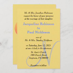 Sunset Heart Yellow Blue Monogram Weddenschap Kaart