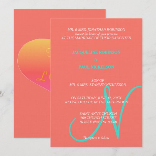 Sunset Hearts Monogram Koraal Turquoise Kaart (Voorkant / Achterkant)