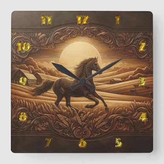 Sunset Horse in een sereen landschap Vierkante Klok (Voorkant)