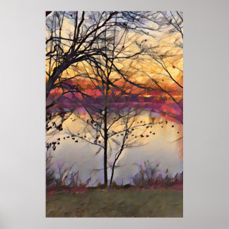 Sunset in Pond Oil Painting Art Poster