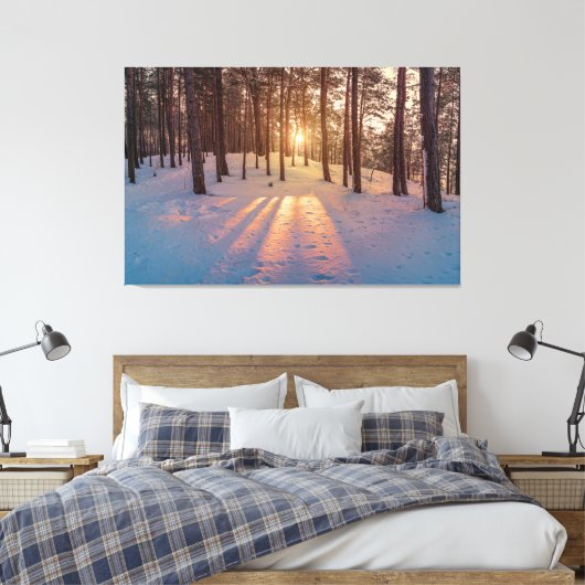 Sunset in sneeuwwinterdenbos canvas afdruk (Insitu (Slaapkamer))