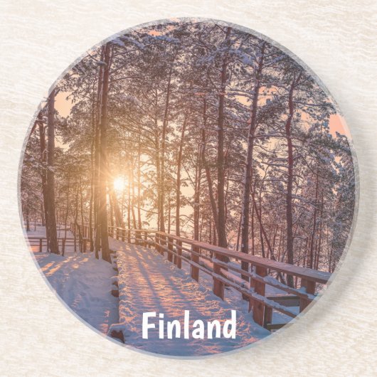 Sunset in snowy-dennenbos met zonnestraal zandsteen onderzetter (Voorkant)