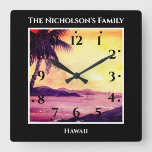Sunset in Tropics Waterverf Schilting Black Vierkante Klok