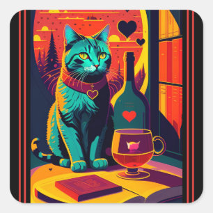 Sunset kattenboeken en wijn vierkante sticker