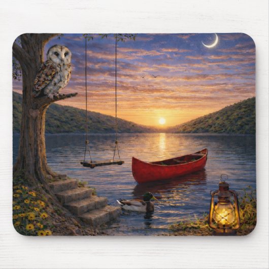 Sunset Lake Owl Canoe Mouse Pad Muismat (Voorkant)