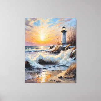 Sunset Lighthouse – Coastal Impressionist Seascape Canvas Afdruk