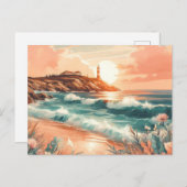 Sunset Lighthouse Ocean Beach Boho Floral Briefkaart (Voorkant / Achterkant)