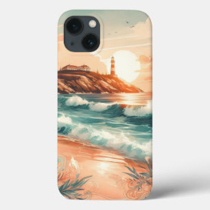 Sunset Lighthouse Ocean Beach Boho Floral iPhone 13 Hoesje