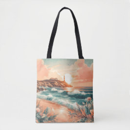 Sunset Lighthouse Ocean Beach Boho Floral Draagtas
