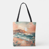Sunset Lighthouse Ocean Beach Boho Floral Draagtas (Achterkant)