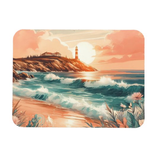 Sunset Lighthouse Ocean Beach Boho Floral Magneet (Horizontaal)