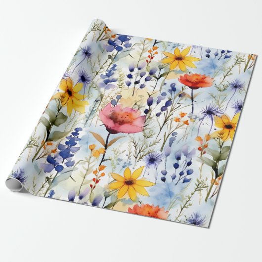 Sunset Meadow Watercolor Wildflower Pattern Cadeaupapier (Uitgerold)