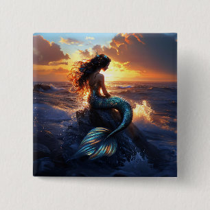 Sunset Mermaid Vierkante Button 5,1 Cm