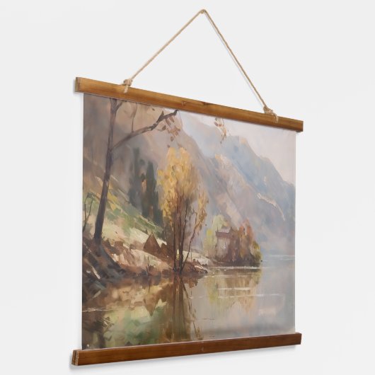 Sunset met Mountain en River Hangend Wandkleed (Gebogen)