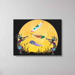 Sunset Moon Kokopelli en Feathers Canvas Afdruk