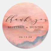 Sunset Mountain Dank je bruiloft Ronde Sticker (Voorkant)