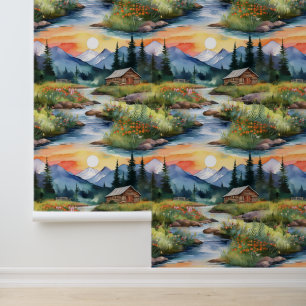 Sunset Mountains Forest Woodland Pine Trees Creek Behang