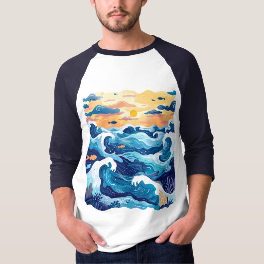 Sunset Ocean Waves T-Shirt – Artistic Sea and Sky (Devant)