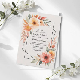 Sunset Orange Floral Frame Wedding Invitation Kaart
