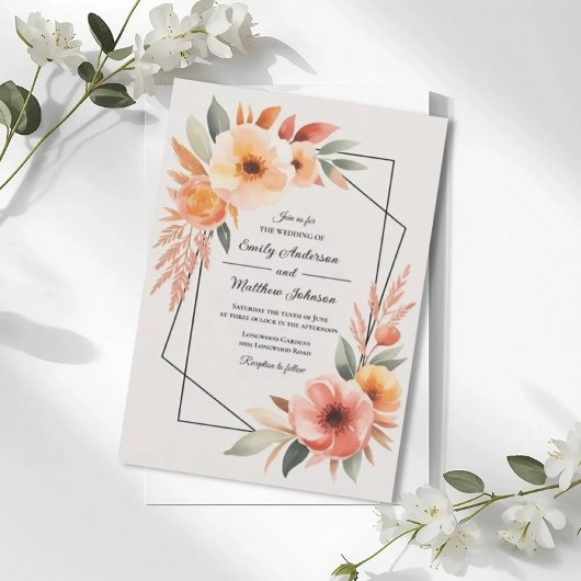 Sunset Orange Floral Frame Wedding Invitation Kaart