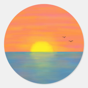 Sunset Oranje Pink Yellow Blue Ocean Painting Ronde Sticker