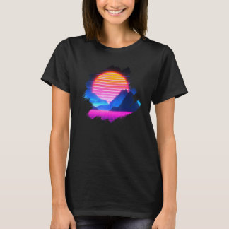 Sunset Over Canyon en Grid Mountains Synthwave La T-shirt