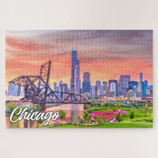 Sunset Over Chicago, Illinois, Verenigde Staten Legpuzzel (Horizontaal)