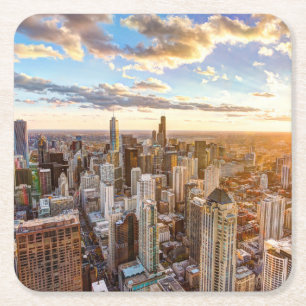 Sunset Over Chicago Vierkante Kartonnen Onderzetter