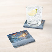 Sunset Over Winter Forest Lake Vierkante Kartonnen Onderzetter (Insitu)