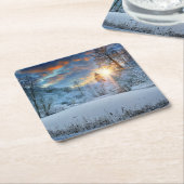 Sunset Over Winter Forest Lake Vierkante Kartonnen Onderzetter (Schuin)