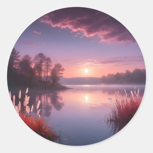 Sunset Paarse Lake Landschap Drie Ronde Sticker (Voorkant)