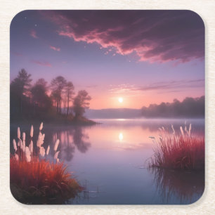 Sunset Paarse Lake Landschap Drie Vierkante Kartonnen Onderzetter