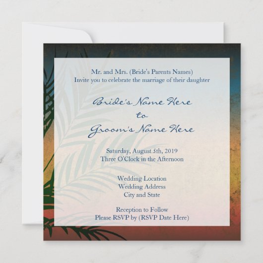 Sunset Palm Tree Branche Mariage Invitations (Dos)